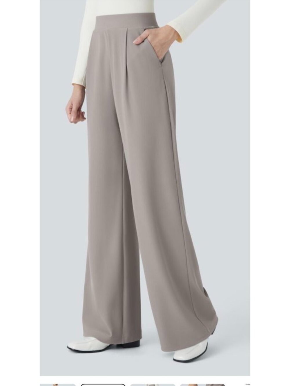 Halara L Microwaffle Womens Wide-Leg work Pants Taupe Large Tall Elastic Waist P - Picture 4 of 11